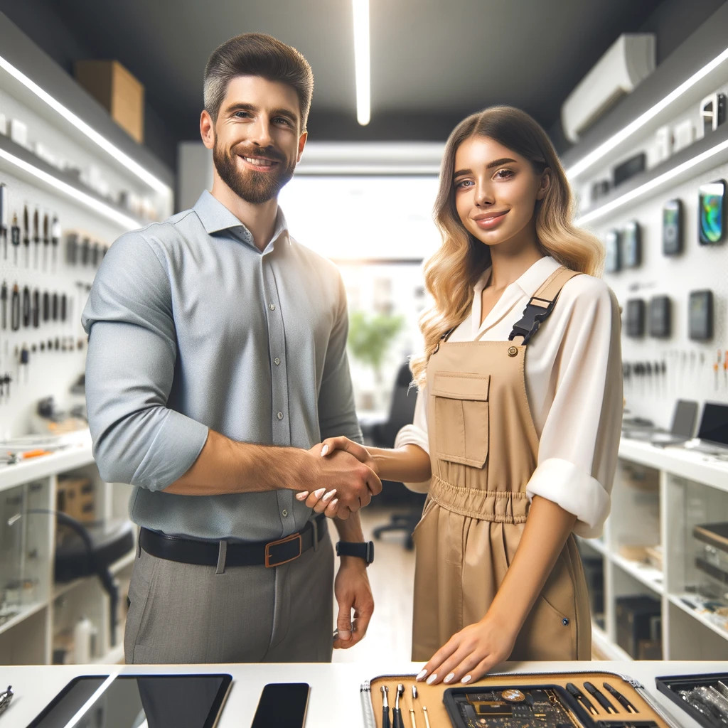 Muž a žena podávající si ruce v prodejně s elektronikou